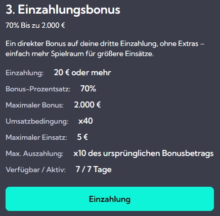 SpinAlto dritter Einzahlungsbonus mit 70 Prozent und bis zu 2.000 Euro