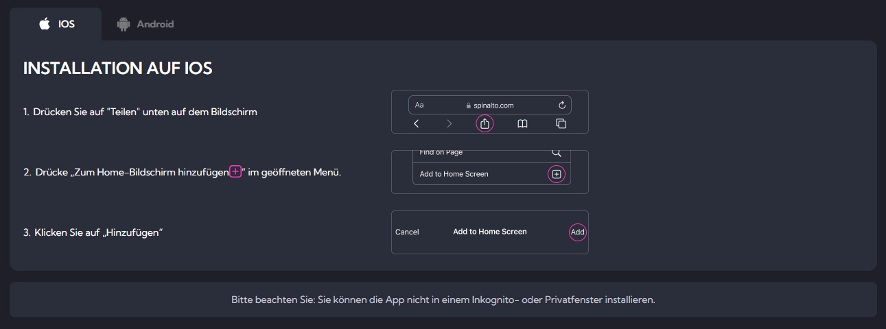 SpinAlto App Installation auf iOS über den Home-Bildschirm