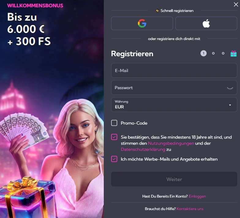 SpinAlto Registrierungsformular mit E-Mail, Passwort und Kontowährung
