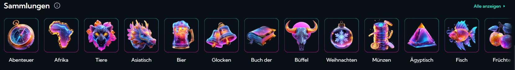 SpinAlto Spielesammlungen nach Kategorien wie Abenteuer, Tiere und Früchte