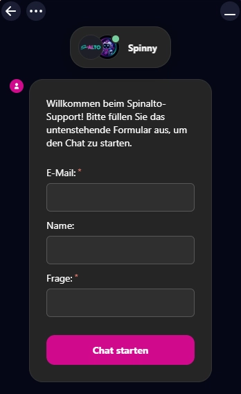 SpinAlto Live-Chat mit Formular für E-Mail, Name und Frage